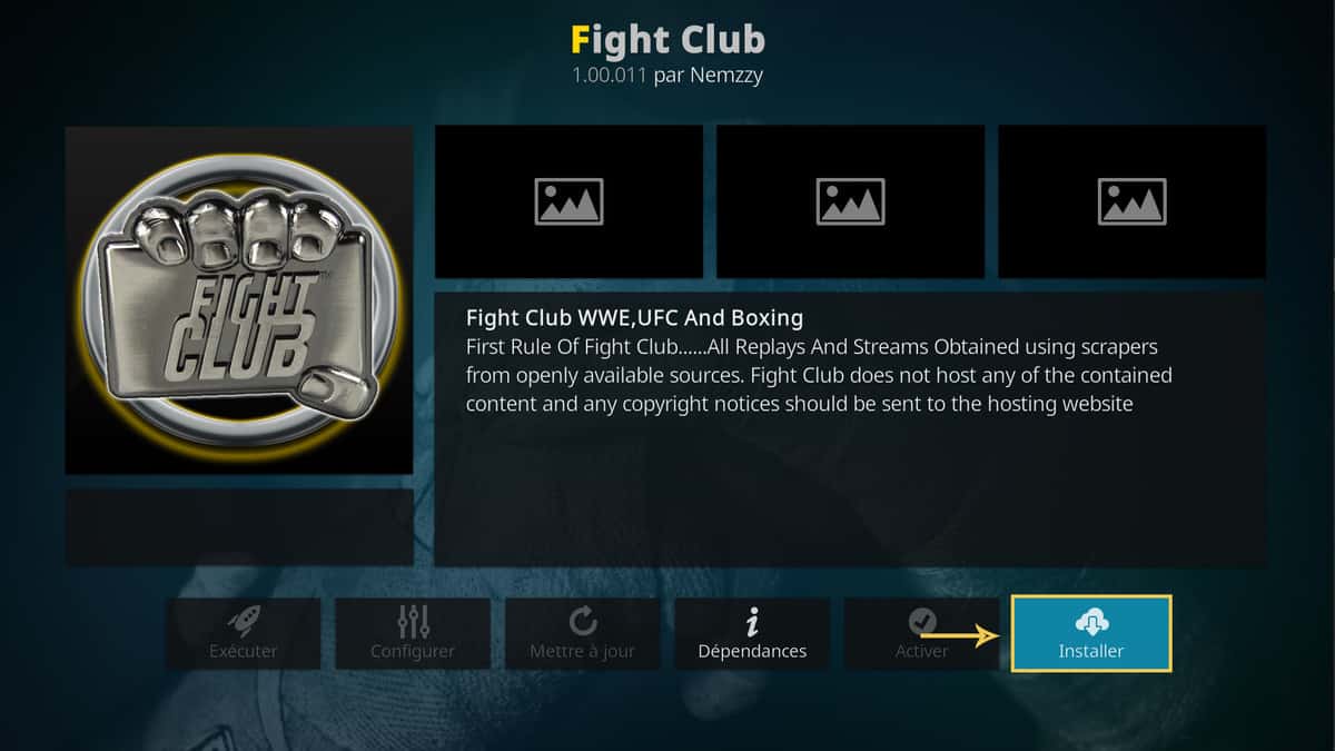 L'extension Fight Club et le bouton pour commencer son installation dans Kodi