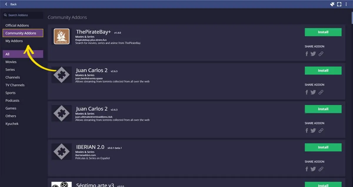 L'itnerface regroupant les extensions développées par la communauté Stremio