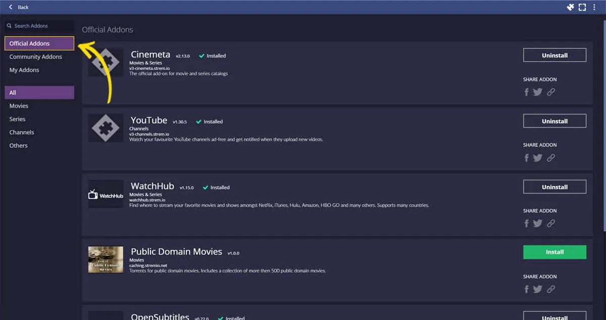 L'interface regroupant les extensions officielles installées dans Stremio