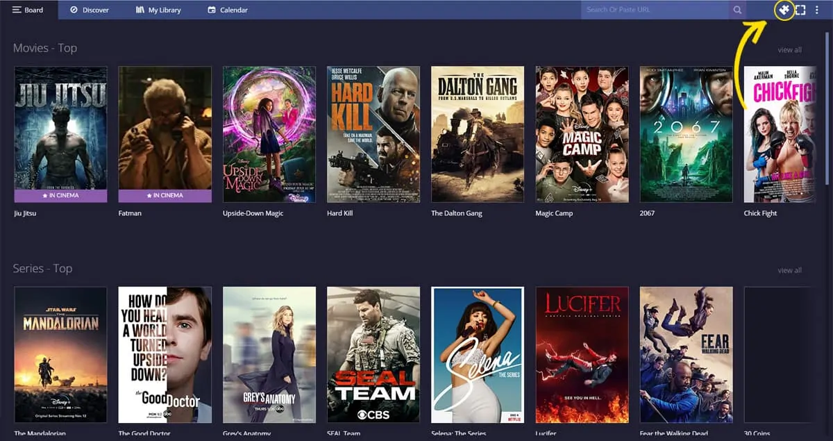 Le bouton pour accéder à la liste de toutes les extensions Stremio