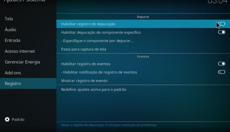 Como ligar o log de eventos do Kodi