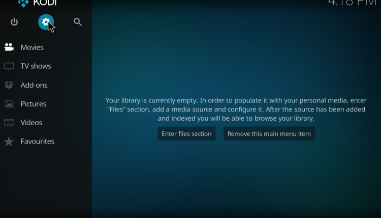 Interface do Kodi em inglês antes de mudar o idioma do Kodi
