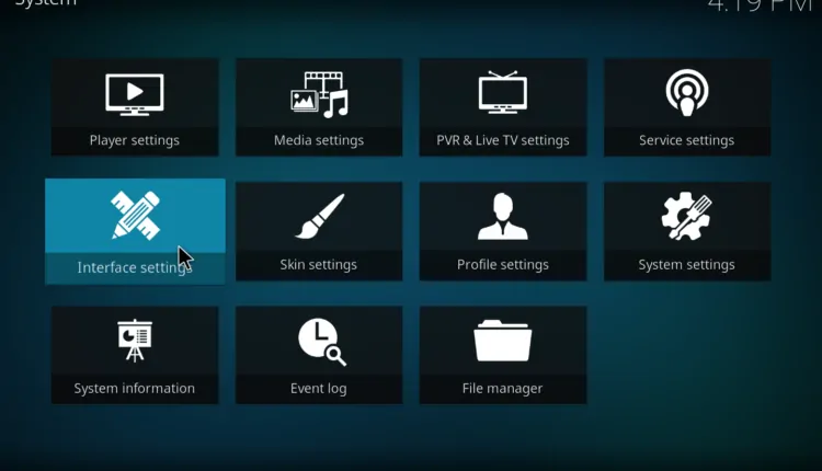 O menu de interface permite alterar o idioma do Kodi