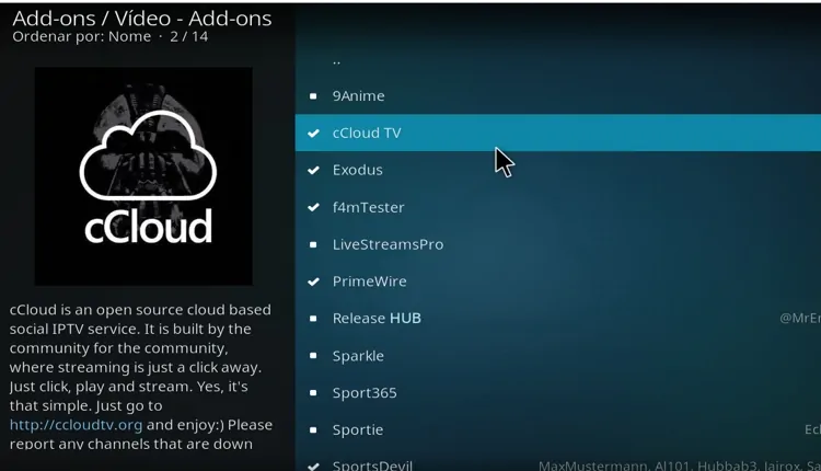 cCloud video Addon no Kodi