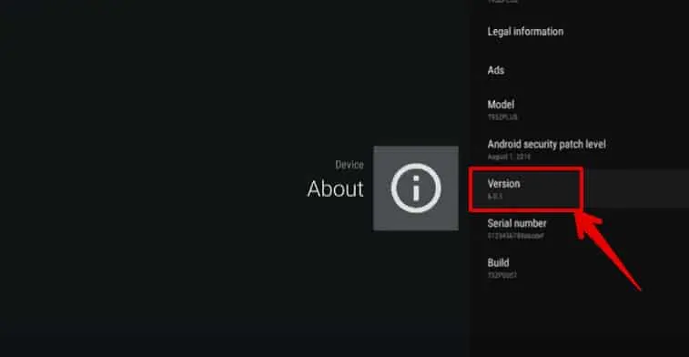 Verifique a versão de sua android tv box clicando em Version