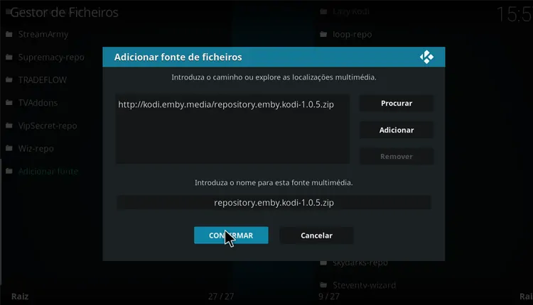 Adicionar fonte de repositorio Emby no Kodi