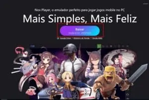Para Instalar o NOX Player para emular o Android num PC ou MacO botão para fazer download do Nox Player se encontra na página principal do aplicativo