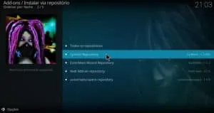 Selecione o repositório cy4root contendo o addon Descent a instalar noKodi