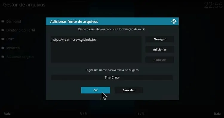 Insira o URL da fonte e dê um nome para identificar o repositório The Crew