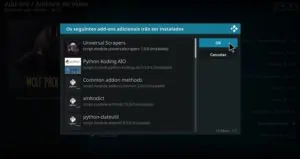 Permita ao Addon Wolf Pack instalar as dependências necessárias a seu bom funcionamento no Kodi fazendo, simplesmente, Ok