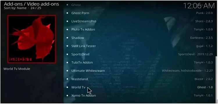 Selecionar o Addon World TV, para o instalar no Kodi
