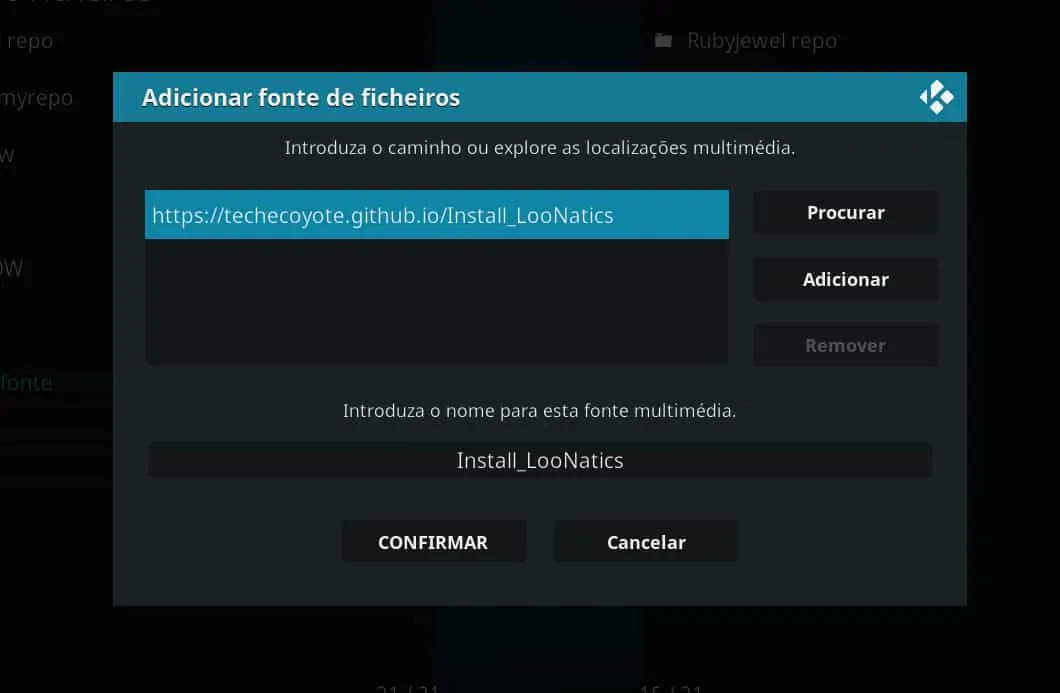 Adicionar o URL do repositório contendo o Addon Loonatics Unleashed a instalar no Kodi