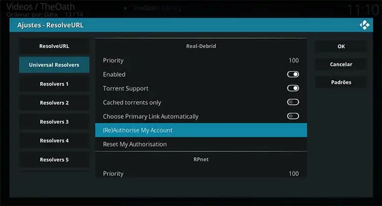 (Re)Authorise Real-Debrid no Addon Oath do Kodi