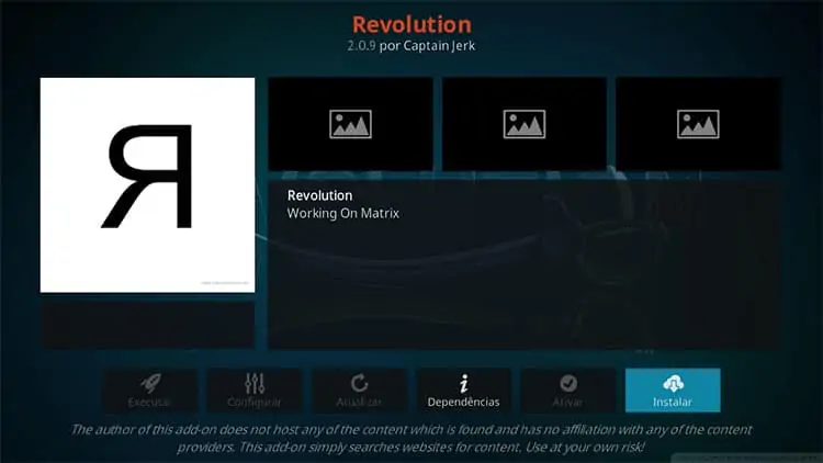 Clique instalar para instalar o Addon no Kodi