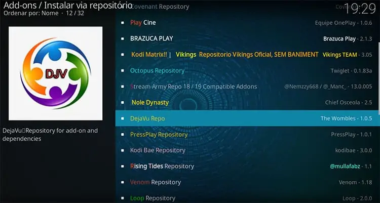 Para instalar o addon revolution selecione o repositório DejaVu