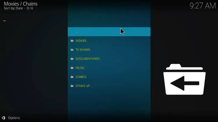 Categorias de streams do addon Chains, após instalar no Kodi.