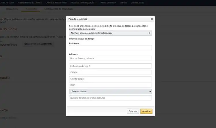 Insira um novo endereço em sua conta da Amazon