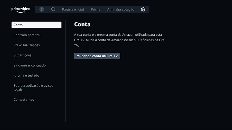 Definições de Conta no Amazon Prime Video