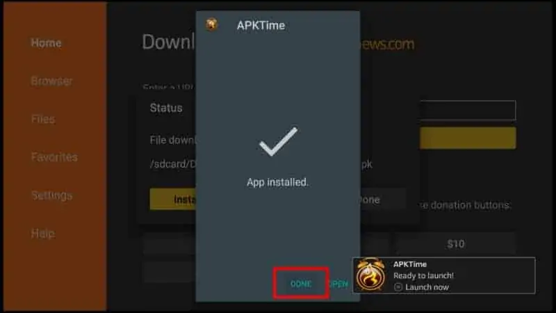 Clique em Done para finalizar a instalação do APK Time no Fire TV Stick