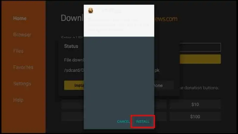 Clique Install para instalar o APK Time no Firestick