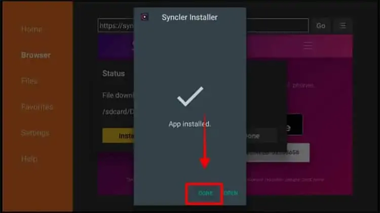 Clique em done +ara finalizar a instalação do Syncler