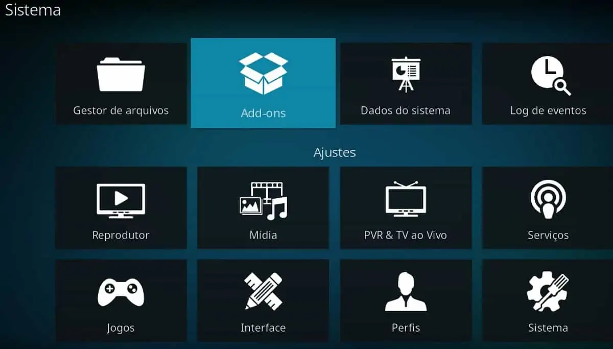 Selecionando Add-ons, via Sistema, no Kodi