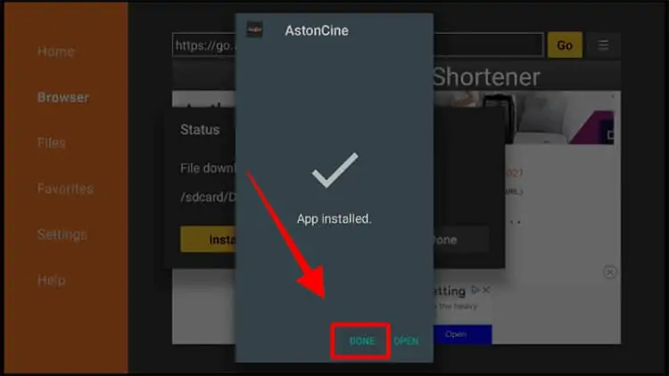 Clicque em Done para finalizar a instalação do AstonCine