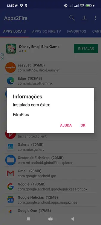O aplicativo transferido através do Apps2Firefoi instalado no Fire TV Stick, com exito