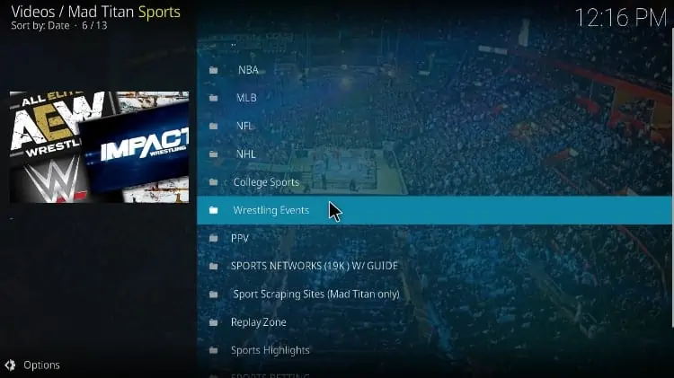 Categorias do Addon Mad Titan Sports dedicado a desportos, depois de o instalar no Kodi