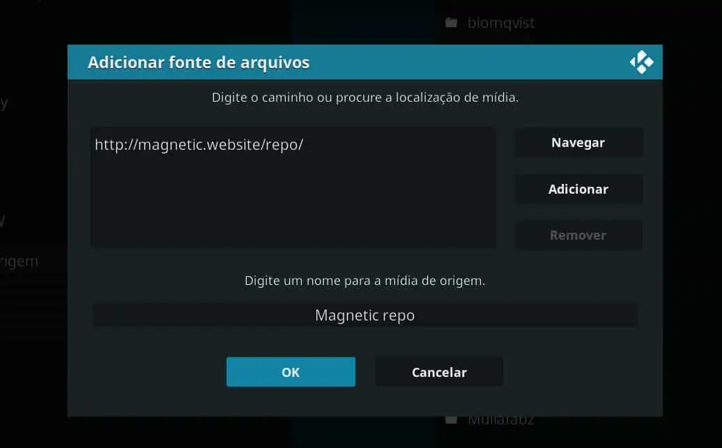 Adicionar a fonte do repositório Magnetic, que contem o addon Mad Titan Sports a instalar no Kodi