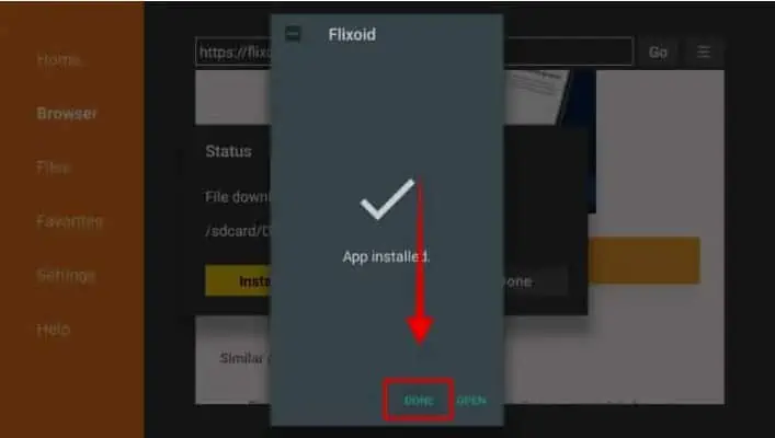 Faça Done para finalizar a instalação do aplicativo Flixoid