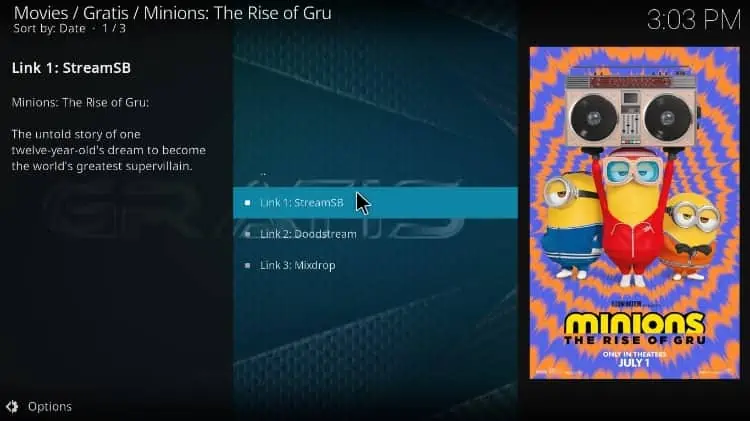 DEpois de instalar o Addon Gratis no Kodi, poderá escolher o título e a fonte do stream a reproduzir
