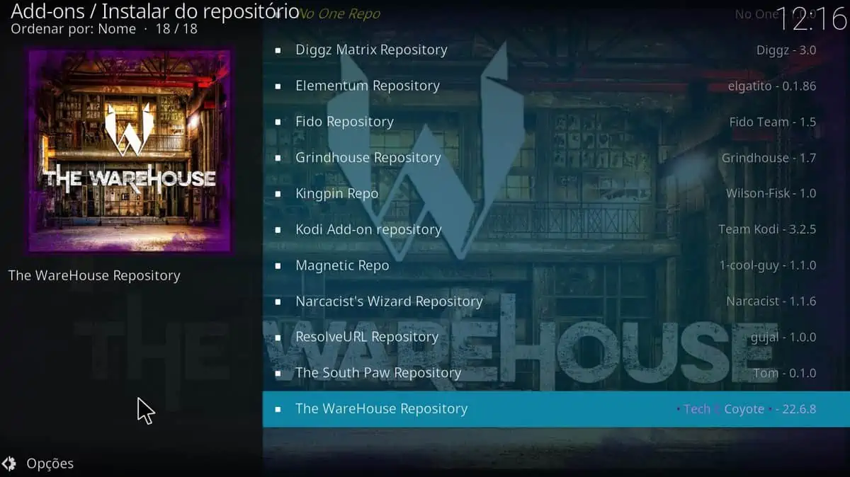 Selecionar o The WareHouse Repository instalado