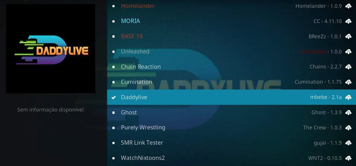 Selecione DaddyLive para instalar o Addon no Kodi