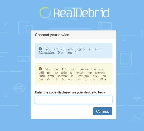 Inserir o código do dispositivo que pretende acessar ao Real Debrid