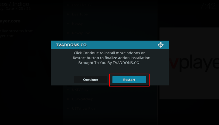 TVAddons.co message Restart Kodi