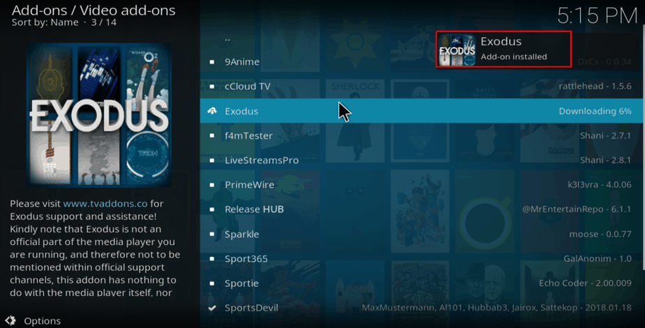 Exodus Kodi Addon installed