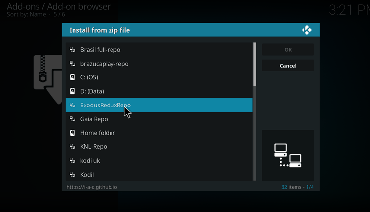 Select the name of the source on installing from a zip file on Kodi