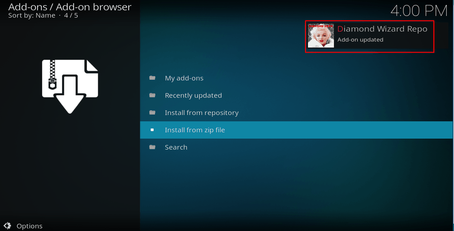 Wait for the message of Diamond Wizard Repo install confirmation on Kodi