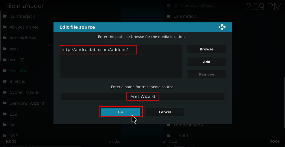 Enter the ares repo url to add a new source on Kodi