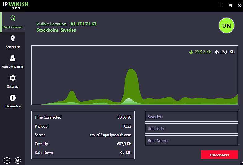 IPVanish is operational and connected to the chosen country