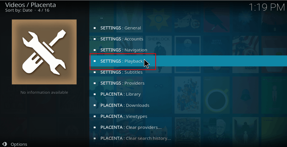 Settings select playback on Kodi