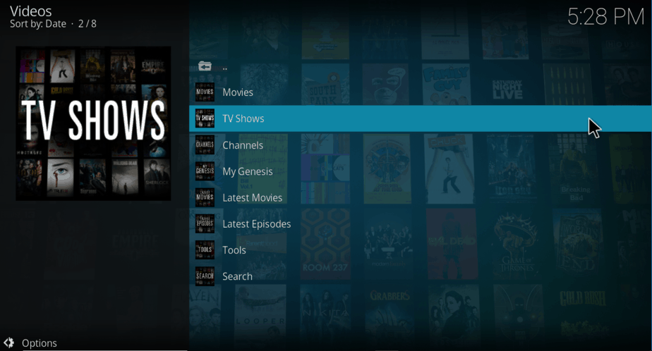 View TV Shows category on Genesis Kodi Addon