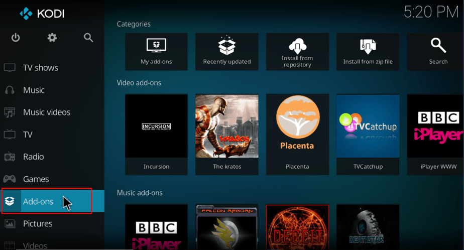 On the Kodi's main screen go to Add-ons on the left menu