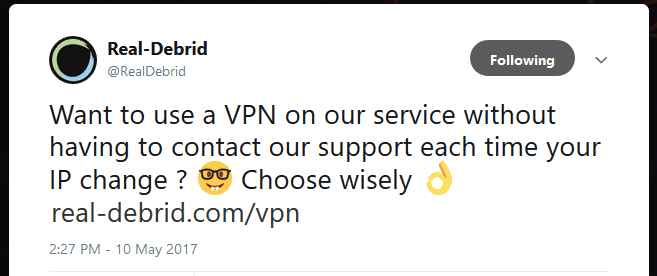 Real Debrid advice to users to chose a VPN wisely