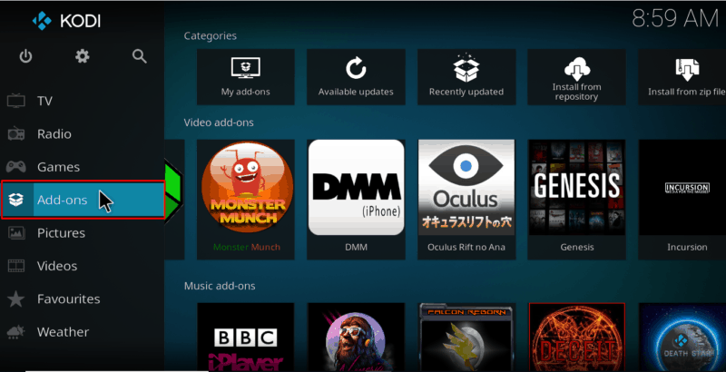 On the main screen of Kodi scroll down an select Addons from the left menu
