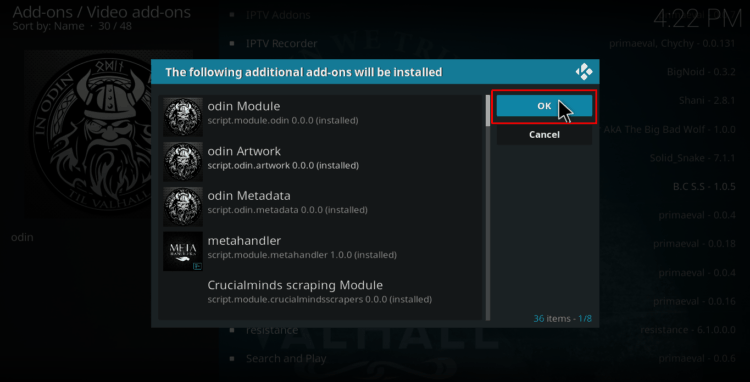Click Ok to accept additional addons to be installed on Kodi