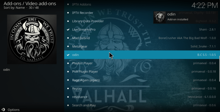 Wait for the successful Odin Addon to install on Kodi