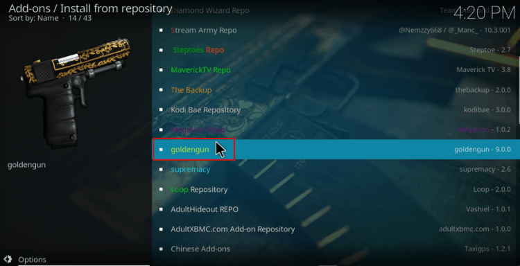 Install from Repository and choose Golden Gun on Kodi