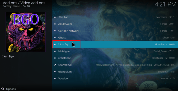 Select I Am Ego from the Golden Gun Repo Addon List on Kodi